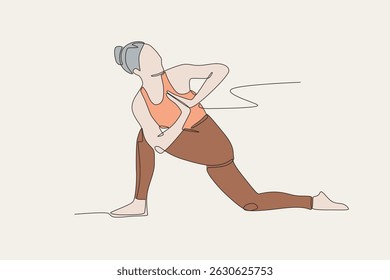 Colored woman doing yoga. International yoga day concept one-line drawing