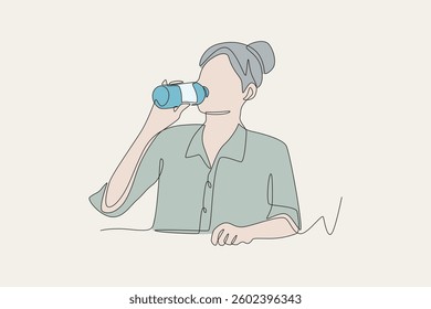 Colored woman drinking a bottle of mineral water. Drinking water concept one-line drawing