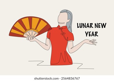 Colored woman holding a fan. Lunar new year concept one-line drawing