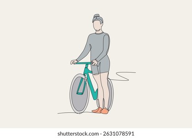 Colored woman leading a bicycle. World bicycle day concept one-line drawing