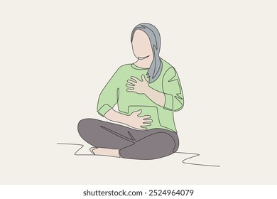 Colored the woman in mediation calms herself down. Wellbeing concept one-line drawing
