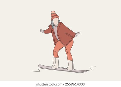 Colored woman playing snowboard. Winter sport concept one-line drawing