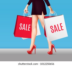 Colored woman with shopping bags realistic composition legs in red lacquer shoes and packages with a sale vector illustration