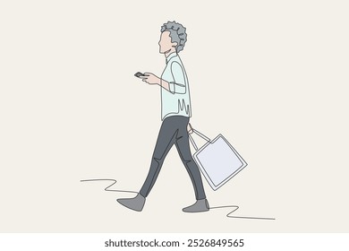 Colored woman shopping using shopping bags. Shopping with bags concept one-line drawing