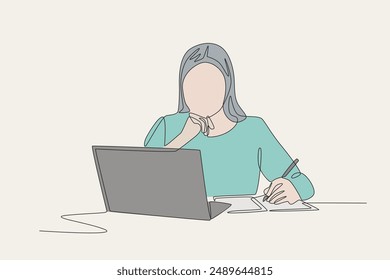 Farbige Frau denkt während des Unterrichts. Online-Bildungskonzept Einzeilig zeichnen