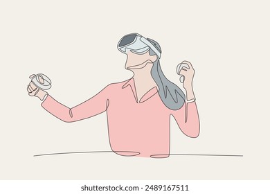 Farbige Frau mit vr. Digitales Technologiekonzept einzeilige Zeichnung