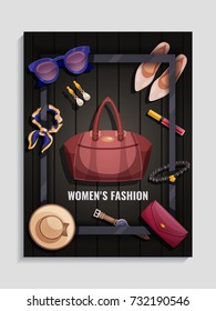 Colored women accessories poster with women s fashion headlines and hat handbag shoes cosmetics vector illustration