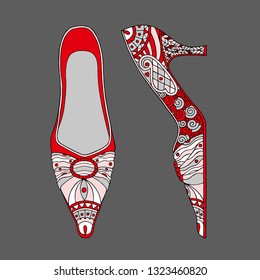 Colored women's low-heeled shoes on a dark gray background. Vector. Illustration.