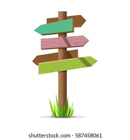 Colored wooden arrow empty vector signboard. Wood sign post concept with grass. Board pointer illustration isolated on a white background