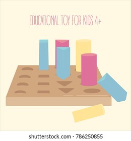 Colored Wooden Geometric Forms Pegboard Game. Educational Learning Montessori Toy For Kids 4 And Above Age. Match Geometrical Forms In Holes. Cylinder, Square And Triangles. Vector Illustration