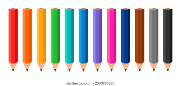 Colored wooden pencil set, 12 colored pencils. Rainbow pencil collection.