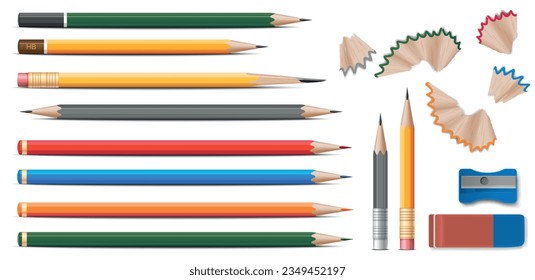 Colored wooden pencils realistic set with eraser and sharpener at white background isolated vector illustration