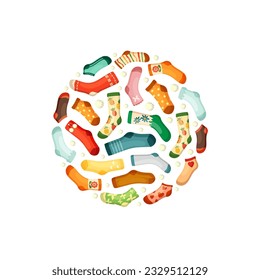 colored wool and cotton socks are arranged in the circle shape. child cute wardrobe. vector catoon illustration