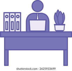 Colored Workspace Icon. Vector Illustration. Office Employee Working at Desk. Flower in Pot and Work Folders. Concept Work and Business