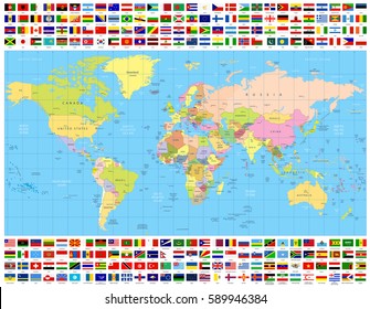 Colored World Map and All World Flags Collection. All elements are separated in editable layers clearly labeled.