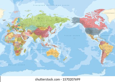 Colored World Map - borders, countries, cities.Colorful detailed Vector world map complete with all countries names. World Map Vector. High detailed illustration of worldmap.