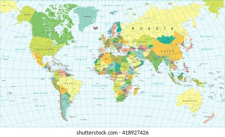 Colored World Map - borders, countries and cities - illustration
Highly detailed colored vector illustration of world map.