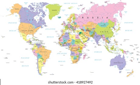 Map Du Monde En Francais Carte Détaillée Du Monde Politique.illustration Vectorielle. : Image  Vectorielle De Stock (Libre De Droits) 427645054 | Shutterstock