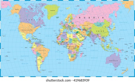 Colored World Map - borders, countries and cities - illustration
Highly detailed colored vector illustration of world map.