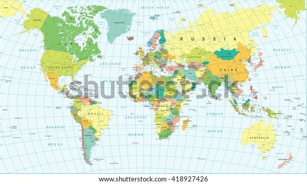 Стоковая векторная графика Colored World Map Borders Countries Cities
