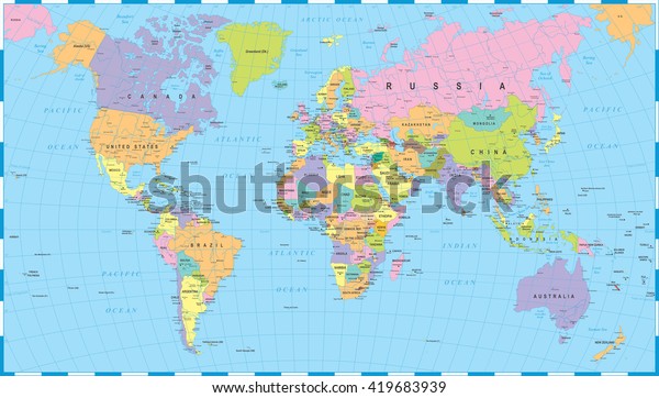 Colored World Map Borders Countries Cities Stock Vector (Royalty Free ...