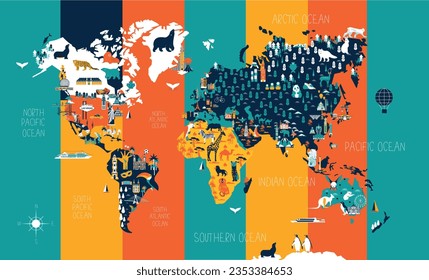 Colored world map with cartoon animals and iconic buildings. Political colorful world countries and country names. Geography politics map, world land atlas or planet cartography vector illustration