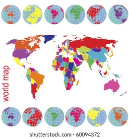 Colored world map and Earth globes