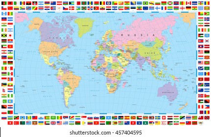 Colored World Map and Flags 
