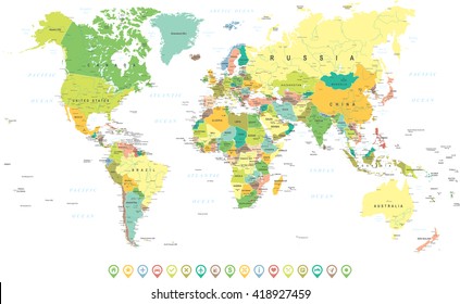 Colored World Map and Navigation Icons - illustration
Highly detailed colored vector illustration of world map.