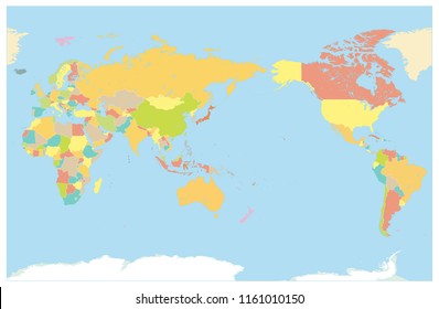 Colored World Map Pacific Centred. No text. Borders, state outline. Detailed World Map vector illustration.