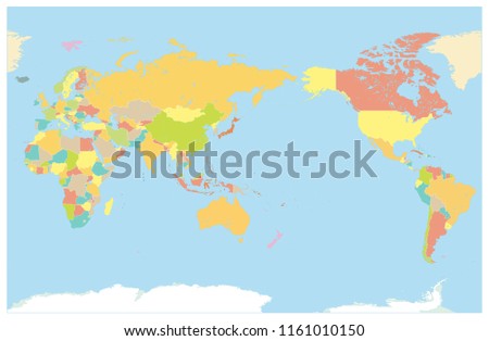Colored World Map Pacific Centred. No text. Borders, state outline. Detailed World Map vector illustration. Foto d'archivio © 