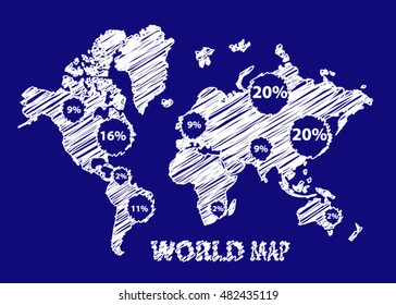 Colored world map painted with color circle and hand draw elements. Abstract polygonal geometric design map. Vector illustration. 
