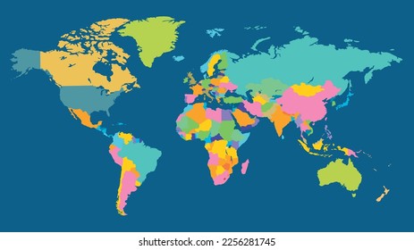 Mapa del mundo de colores. Mapas políticos, coloridos países del mundo y nombres de países. Mapa geopolítico, atlas terrestres mundiales o cartografía planetaria ilustración vectorial 10 eps.