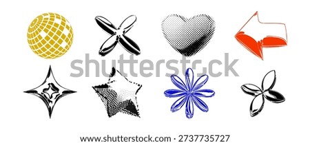 Colored y2k shapes in 3d inflated and halftone style. Hardcore arrow, flower, star, heart element collection. Grunge dither icon set for party, poster, banner, collage, flyer, streetwear. Vector