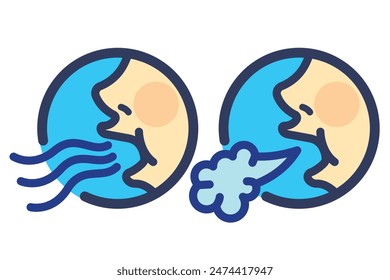 Colored yawn, burp, breathe out from mouth, or sigh icon sign illustration with black outline isolated on white horizontal background. Simple flat cartoon inhale exhale art styled drawing.