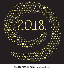 Colored yellow figures of the new year in a spiral of stars on a black background. Isolated vector image.