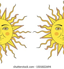 Colored in yellow half sun with human face symbol. Vector illustration.