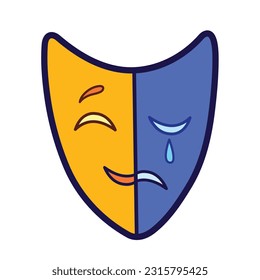 Colored yellow orange and blue performance expression half happy and sad vector icon illustration isolated on square white background. Simple flat outlined minimalist cartoon art styled drawing.