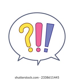 Colored yellow question and blue pink exclamation marks in speech bubble. Opinion themed vector icon illustration isolated on square white background. Simple flat outlined cartoon drawing style.