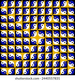 Colored Yin-Yang symbols pattern. It seems that symbols are shifting in different directions across the square. Optical illusion background. Can be used as frames.