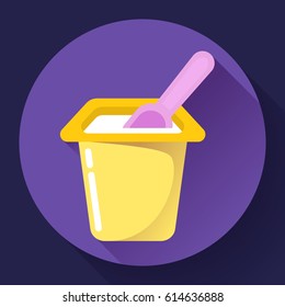 colored yogurt cup with a spoon flat yogurt icon Vector Illustration