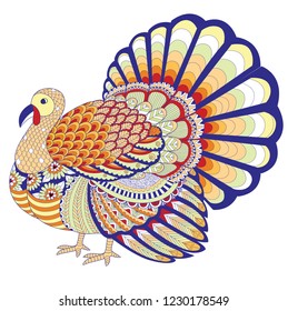 colored zentangle style of thanksgiving turkey isolated on white background for design element. Vector illustration