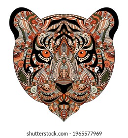 Colored Zentangle Tiger Head. Hand drawn vector illustration. Can be used for t-shirt, postcard, poster, or tattoo design.