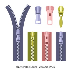 Colored zippers, open and closed. Colorful zipper, fashion fastener, lock zip clothes fashionable metal puller clothing design