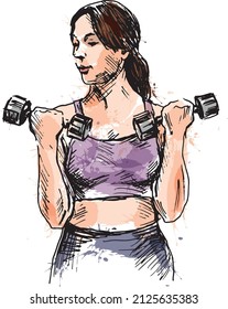 Colored_hand sketch of exercising woman. Vector illustration.