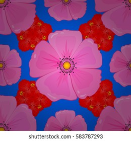 Colorfil elements for design. Vector floral pattern for wedding invitations, greeting cards, print, gift wrap, fabric, textile. Elegant seamless pattern with many decorative flowers on blue background