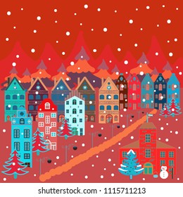 Colorfil landscape for textile, wallpaper, fabric. Scandinavian style nature illustration. Vector. Cute houses and trees on orange, pink and red colors background.