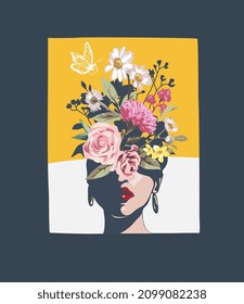 colorflul flower bouquet and woman face in shadow vector illustration on square frame