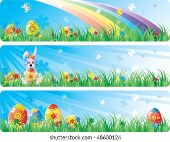 Colorfol Easter banner set. With the image of Easter eggs, butterfly, flowers and a rabbit in a spring grass