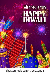 Colorfu Firecracker on Happy Diwali night celebrating holiday of India. Vector illustration